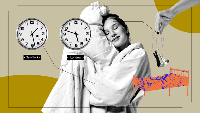 A graphic displays how it feels to take melatonin with various images: a woman holding a pillow and blanket, clocks, and a man being dropped into a bed. 