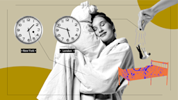 A graphic displays how it feels to take melatonin with various images: a woman holding a pillow and blanket, clocks, and a man being dropped into a bed. 
GoodRx Health

