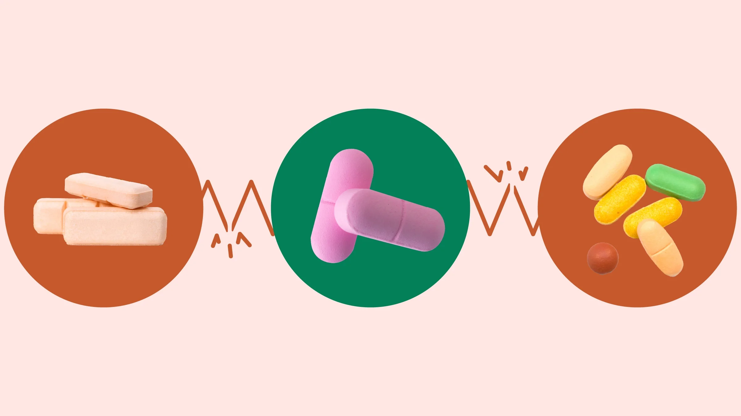 Light red background with three circles across the frame. In the center, on a green circle, are two pink pills. On the left, on a red circle, are two rectangular pills. On the right, on a red circle, is a mix of different types of sleeping pills.