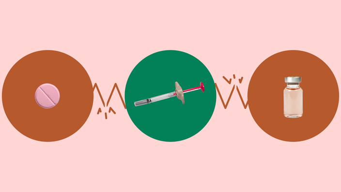 Custom graphic showing medications that interact with Stelara. In the center, on a green circle, is a plastic injection pen. On the right, on a red circle, is a medication vial. On the left, on a red circle, is a small round pink pill. 