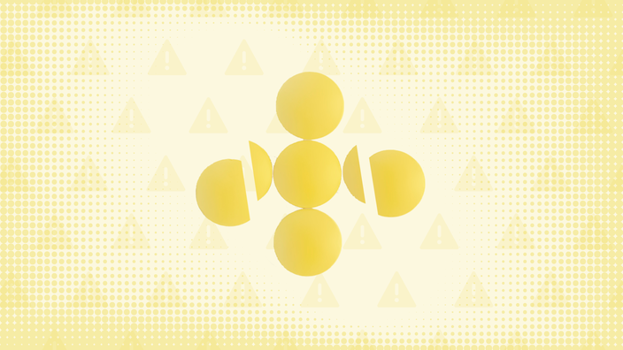 Yellow background with texture and warning sign pattern. In the center are five round yellow pills creating a cross cut into thirds.