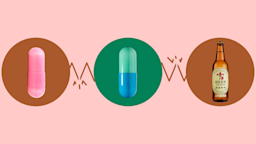 Custom graphic showing what can interact with zaleplon. In the center, on a green circle, is a blue and teal capsule pill. On the right, on a red circle, is a bottle of beer. On the left, on a red circle, is a pink capsule pill.
GoodRx Health