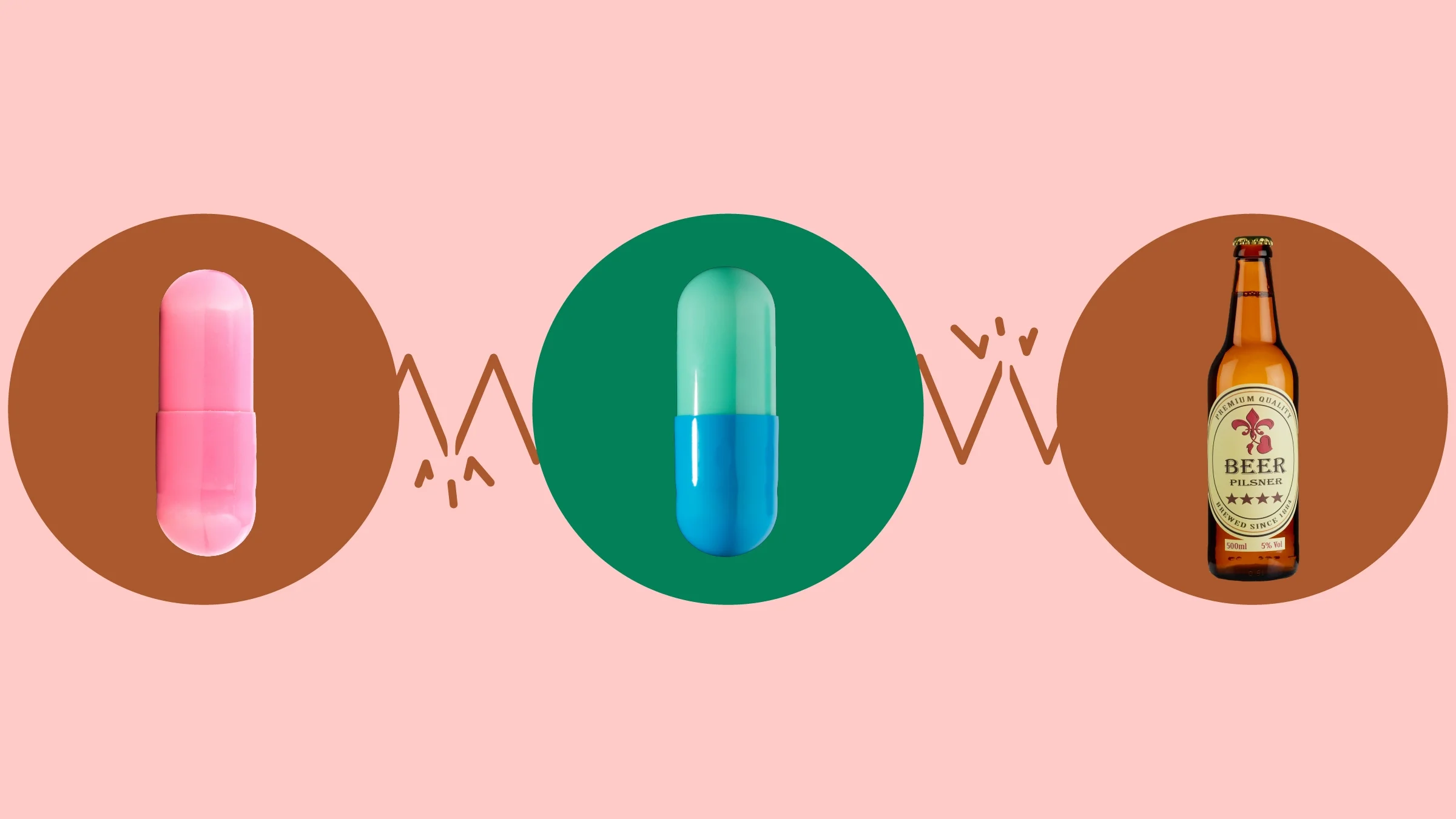 Custom graphic showing what can interact with zaleplon. In the center, on a green circle, is a blue and teal capsule pill. On the right, on a red circle, is a bottle of beer. On the left, on a red circle, is a pink capsule pill.