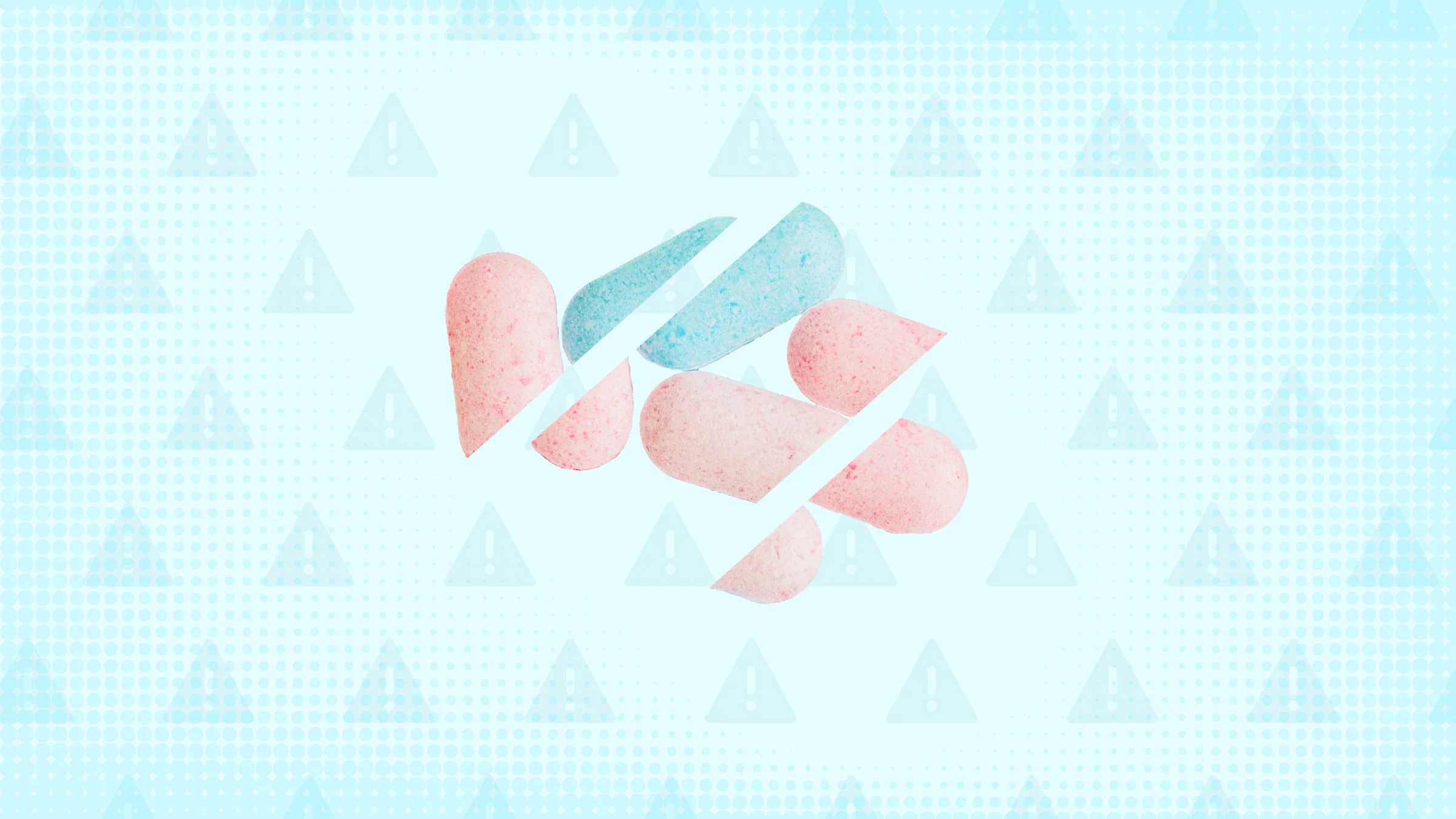 Light blue background with texture and warning sign pattern. In the center are pastel colored pills cut into thirds. 