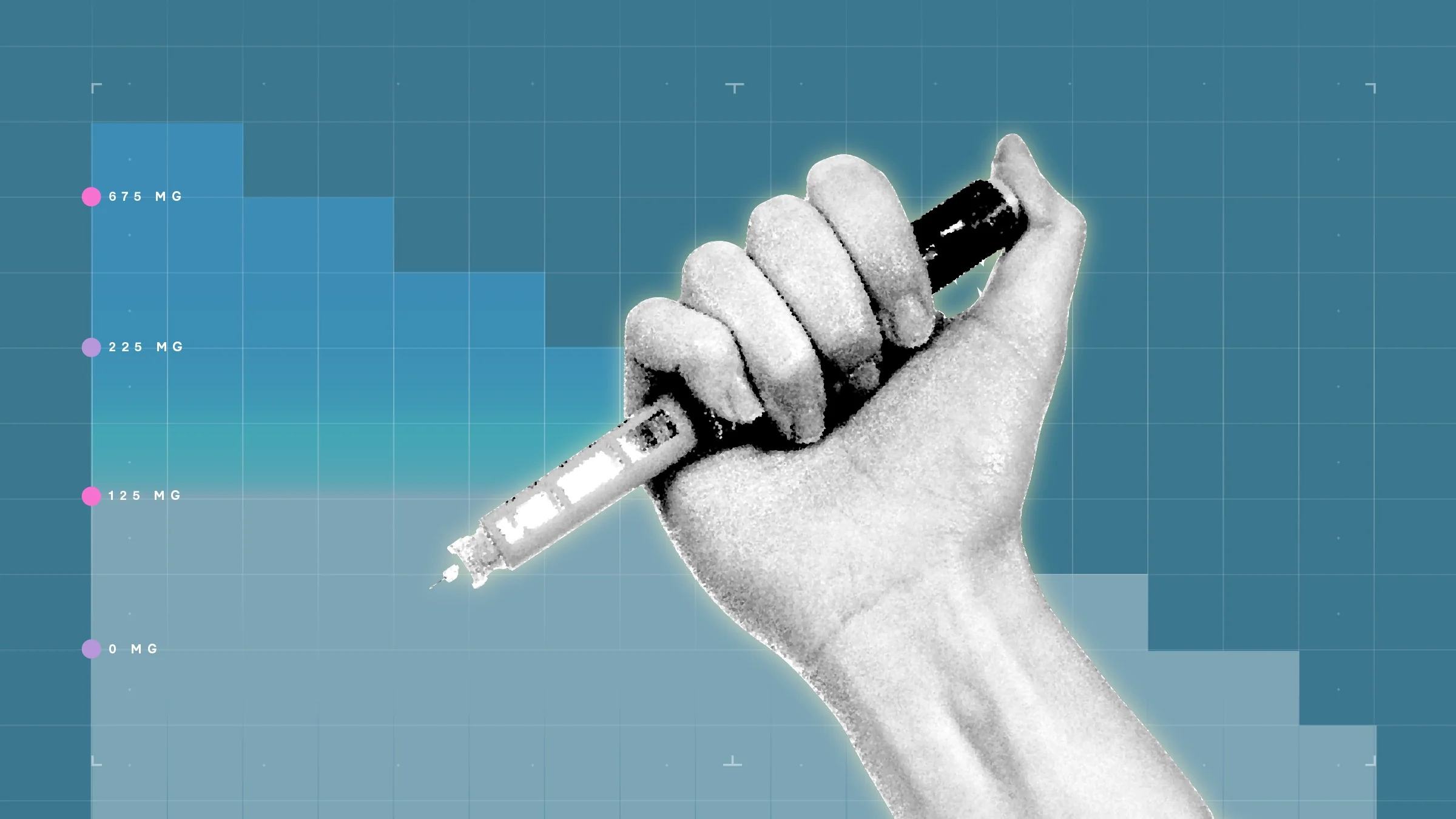 In the center of a dark, dusky blue background with graph paper texture and representative step graph is a black and white cutout of a hand holding a medication auto injector.