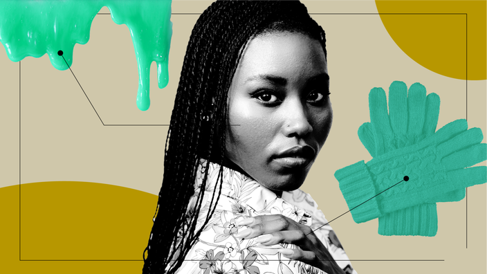 In the middle of a photo illustration, a woman looks over her shoulder at the camera. Beside her are objects representing what eczema feels like: oozing slime and a pair of wool gloves. 