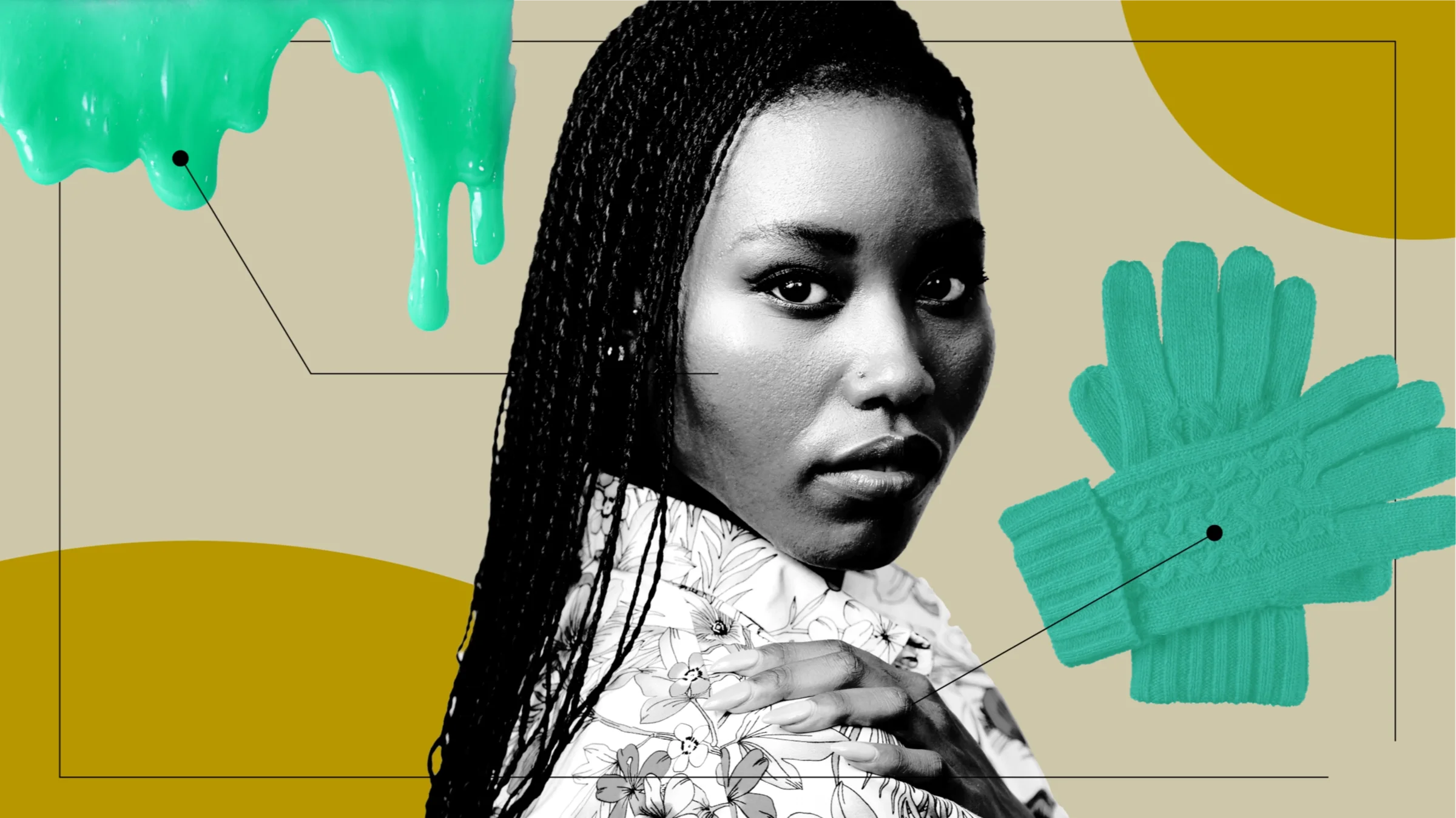 In the middle of a photo illustration, a woman looks over her shoulder at the camera. Beside her are objects representing what eczema feels like: oozing slime and a pair of wool gloves.