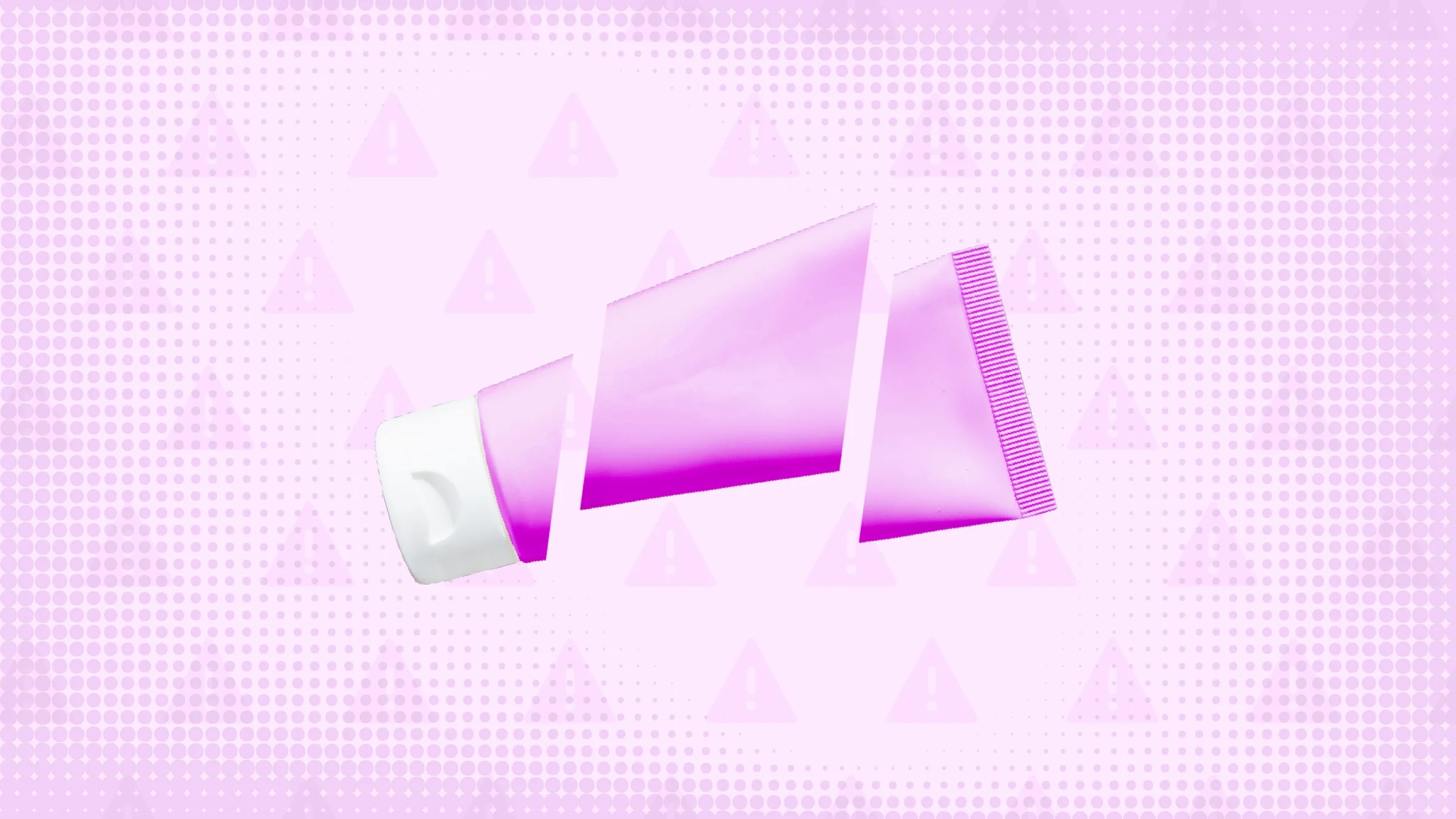 In the center of a light pink background with texture and warning sign pattern is a pink and white lotion tube cut into thirds. 