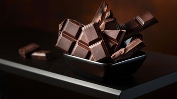 Diet Nutrition: closeup dark chocolate in a dish 2158362075