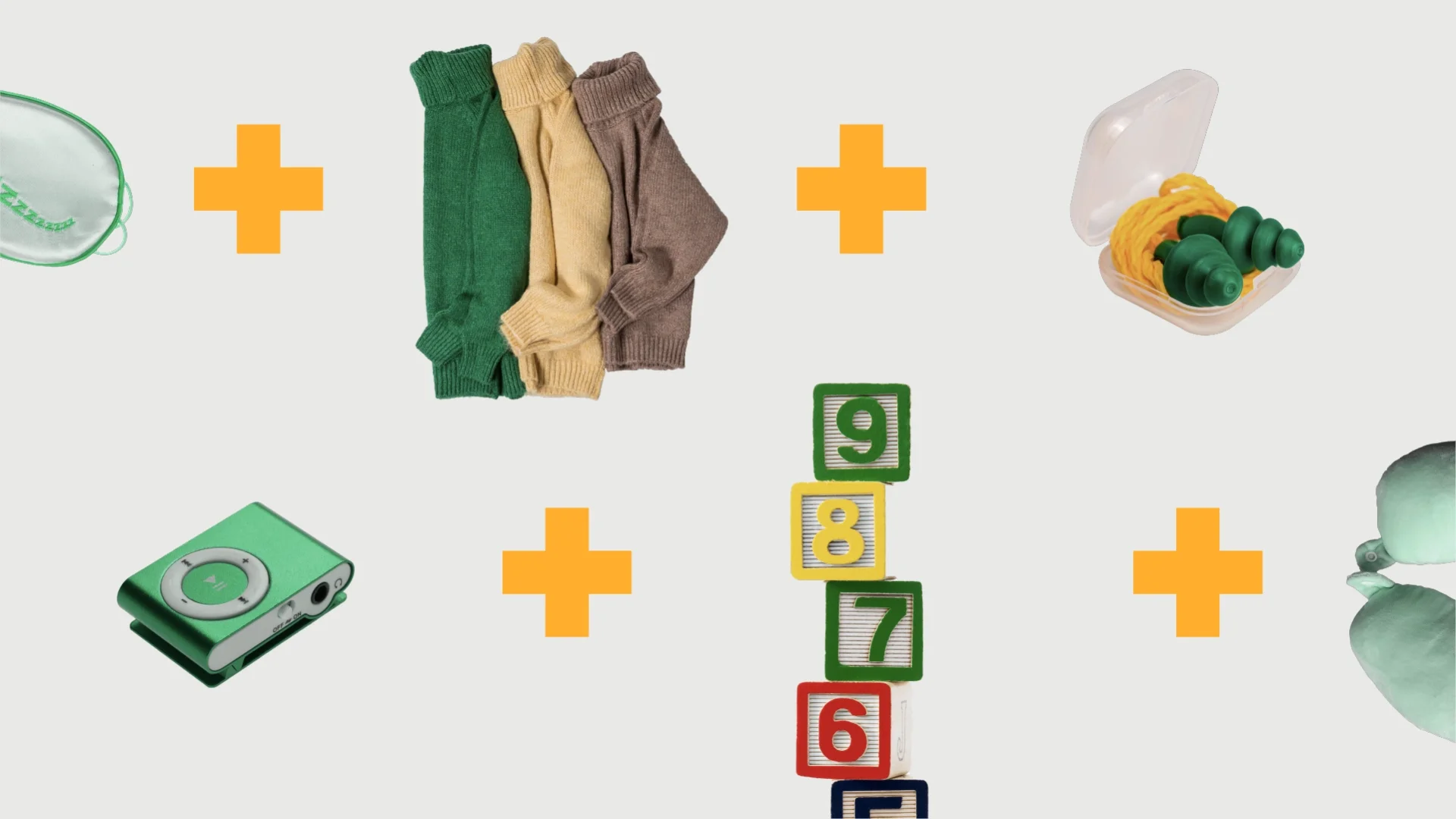 A graphic shows items representing ways to get to sleep on a plane. They include a sleep mask, sweaters, ear plugs, an iPod, counting blocks, and a neck pillow.