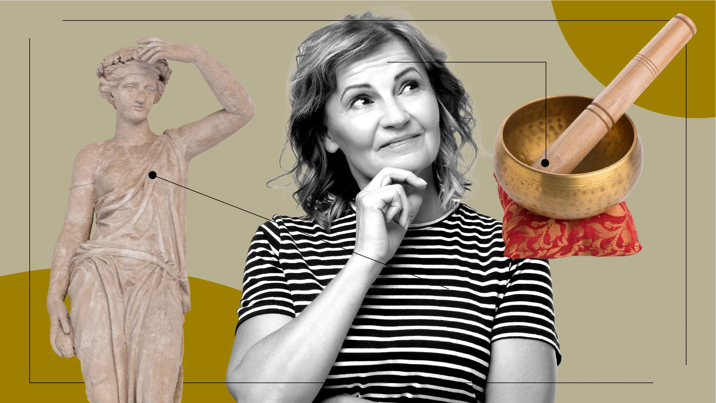 Tan background with black-and-white portrait of a woman looking up in the center. Off of her are diagram lines pointing to objects that represent the feelings of managing high blood pressure and stress. On the left is a Greek statue of a woman. On the right is a Tibetan signing bowl. 
