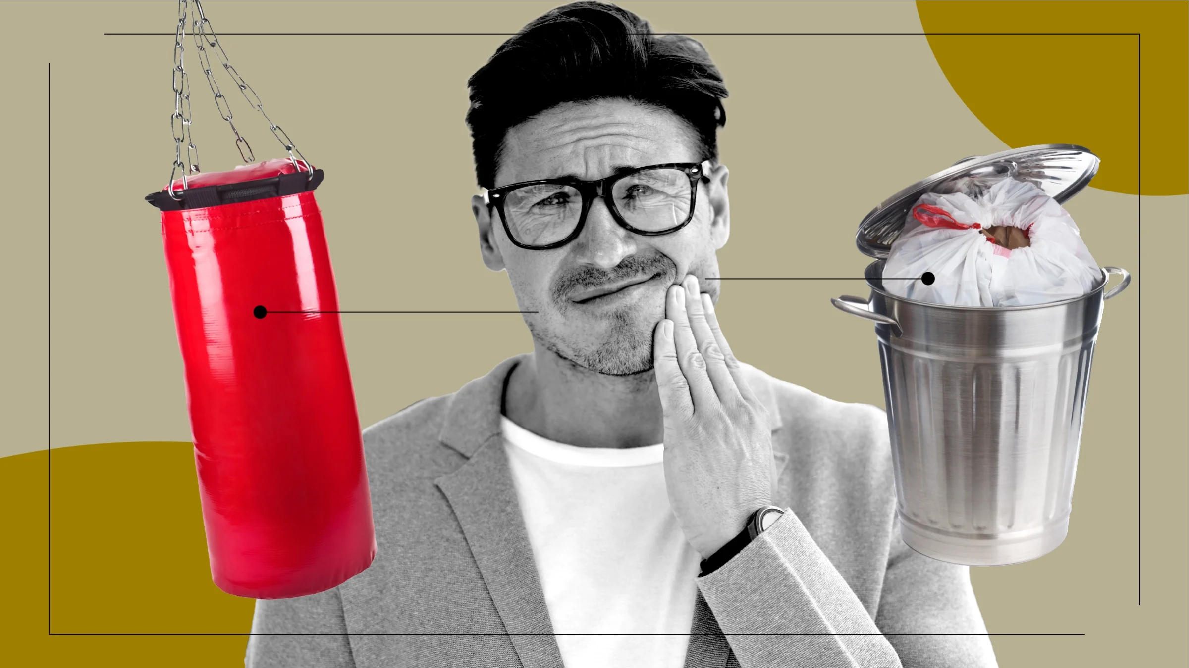 Tan background with black-and-white cutout portrait of a man holding his hand to his jaw. Off of him are diagram lines pointing to objects representing the feelings of wisdom teeth removal. On the left is a red boxing bag. On the right is a steel trash can. 