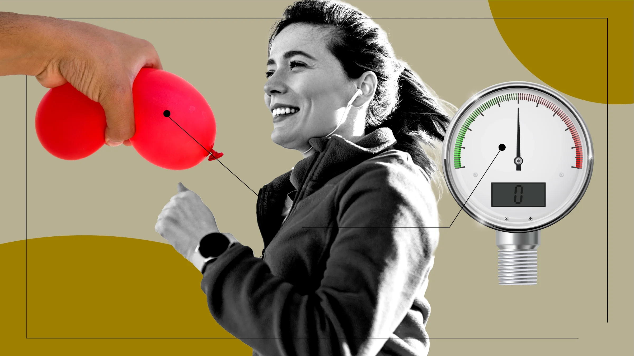 Tan background with black and white cutout of a woman running. Off of her are diagram lines pointing to objects representing pulmonary arterial hypertension. On the left is a hand squeezing a red balloon. On the right is a pressure gauge reading close to high levels.