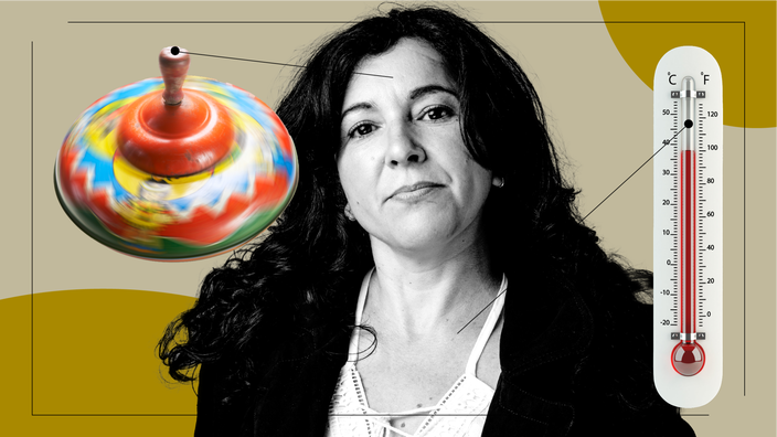 A custom graphic includes a portrait of a woman surrounded by items that represent what it feels like to take losartan: a spinning top and an outdoor thermometer.