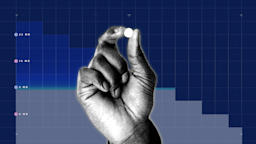 A black and white cutout of a hand holding one round pill is pictured on a dark blue background with graph paper texture and a step graph with different dose amounts listed.
GoodRx Health