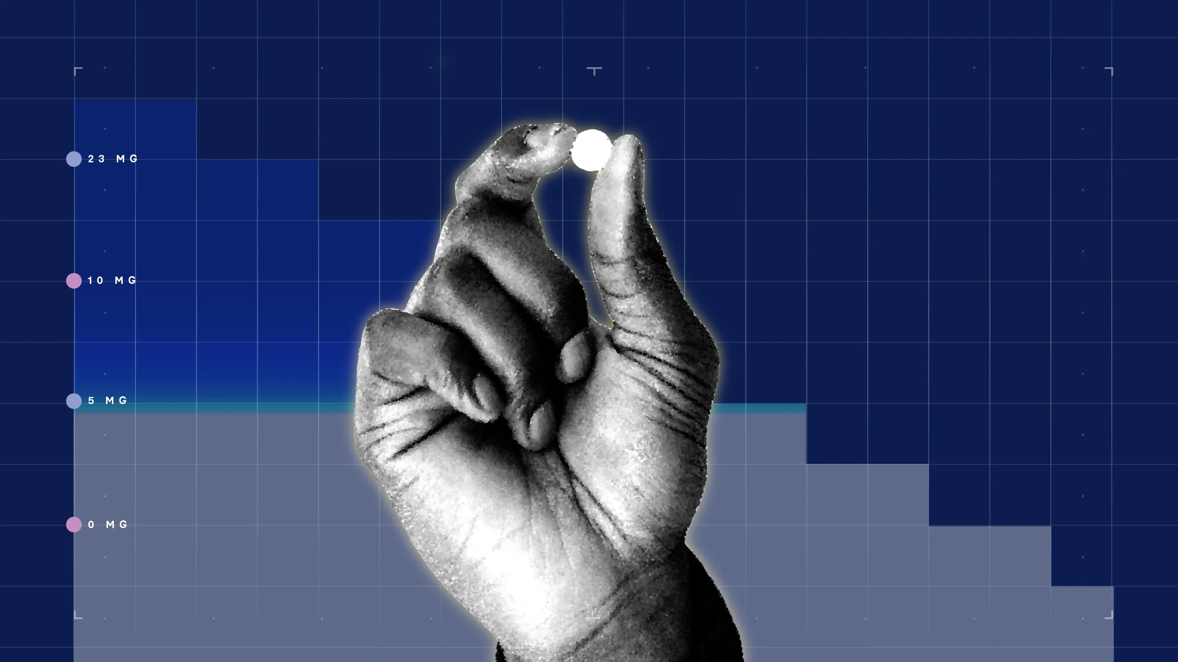 A black and white cutout of a hand holding one round pill is pictured on a dark blue background with graph paper texture and a step graph with different dose amounts listed.