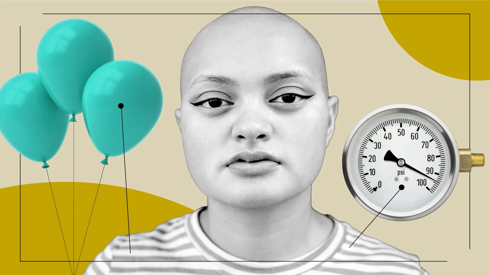 A graphic that includes a photo of a bald woman and images of balloons and a pressure gauge represent how the symptoms of ovarian cancer feel.