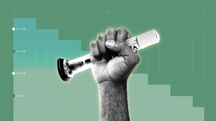 In the center of a light green background with graph paper texture and representational step graph is a black and white cutout of fist holding an autoinjector medication pen. 