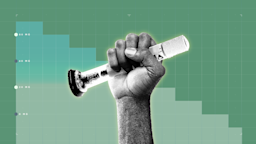 In the center of a light green background with graph paper texture and representational step graph is a black and white cutout of fist holding an autoinjector medication pen. 
GoodRx Health