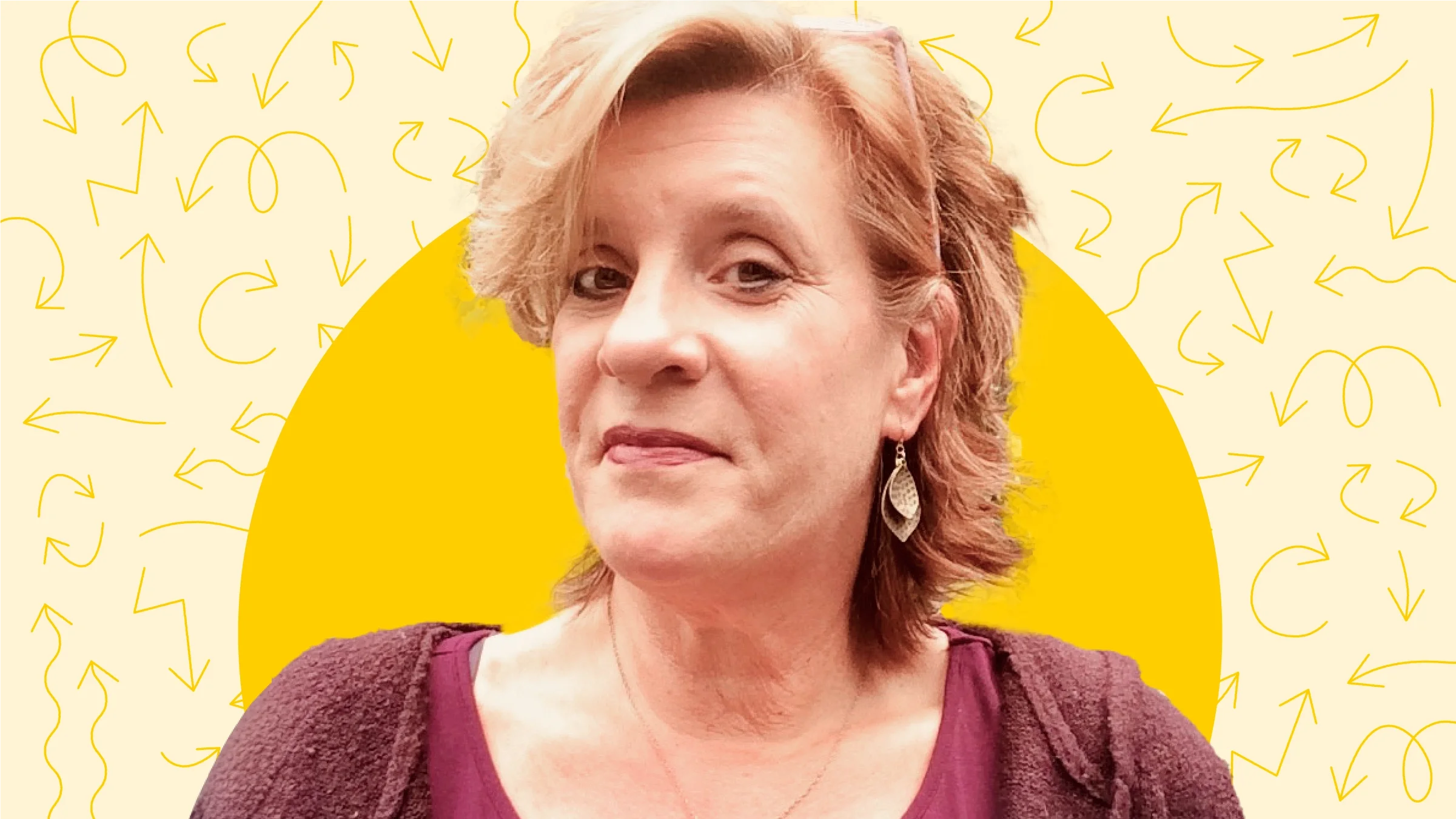 Portrait of Liz Carey on a patterned background with doodle arrows. 