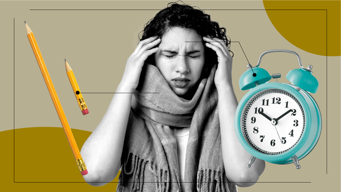 Tan background with black-and-white cutout image of a woman in a scarf and her hands on her forehead. Off of her are diagram lines pointing to items representing the feelings of Tamiflu. On the left are two pencils: one short and one long. On the right is a teal alarm clock.
