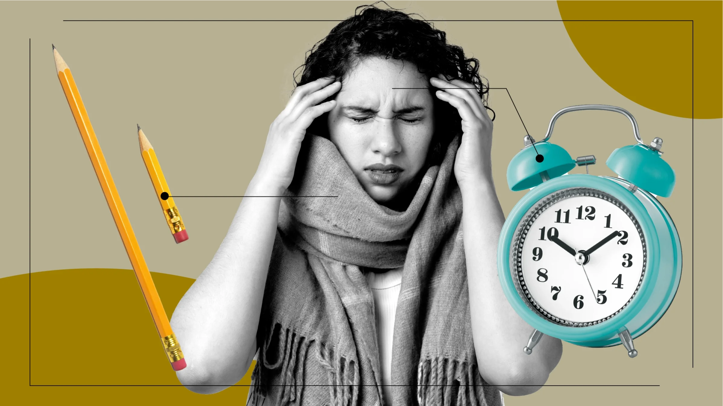 Tan background with black-and-white cutout image of a woman in a scarf and her hands on her forehead. Off of her are diagram lines pointing to items representing the feelings of Tamiflu. On the left are two pencils: one short and one long. On the right is a teal alarm clock.