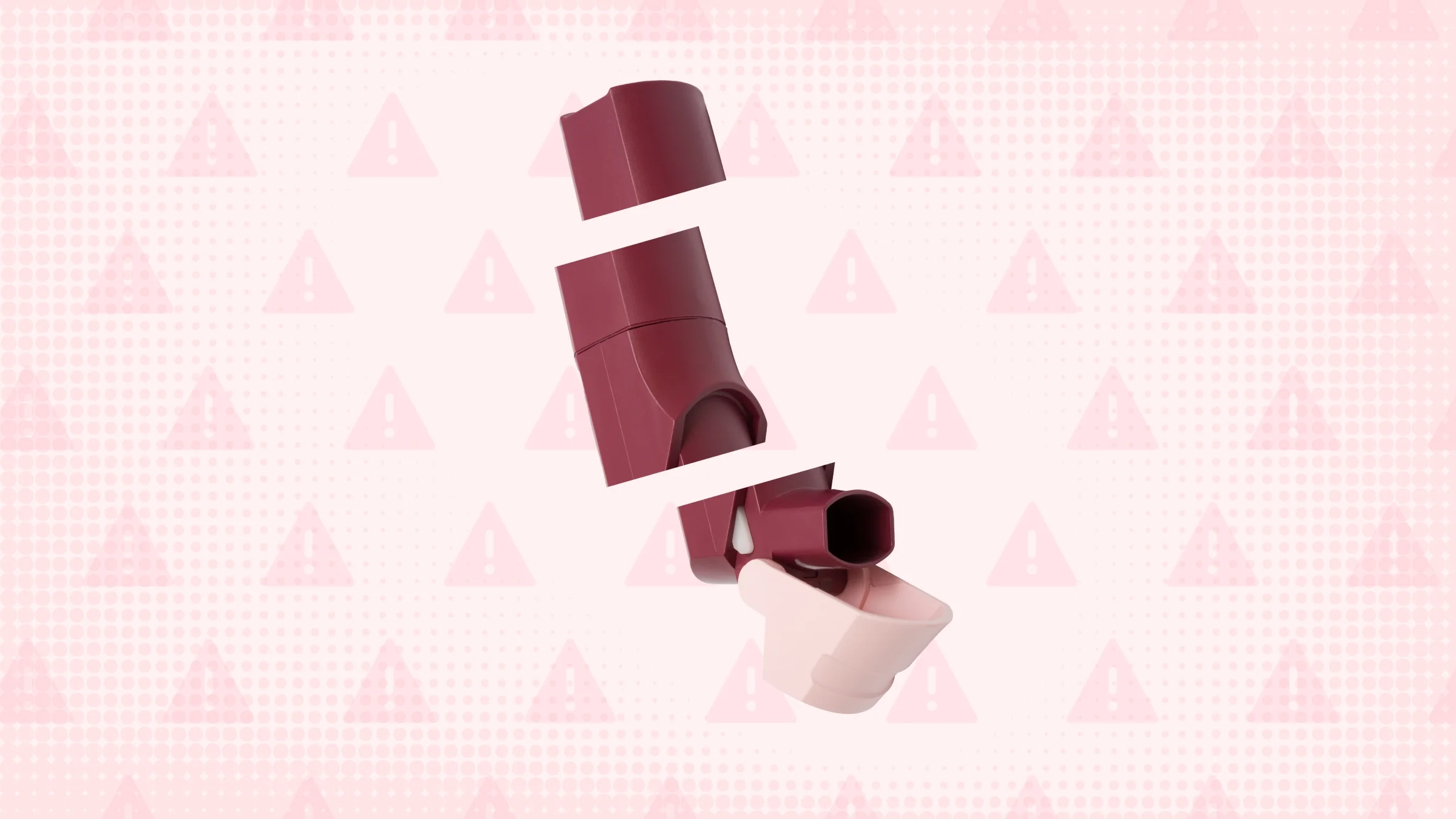 Light red background with texture and warning sign pattern. In the center is a red inhaler cut into thirds. 