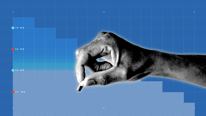 Blue background with graph paper texture and representational step graph. In the center is a black-and-white cutout of a hand holding a capsule pill in between its fingers. 