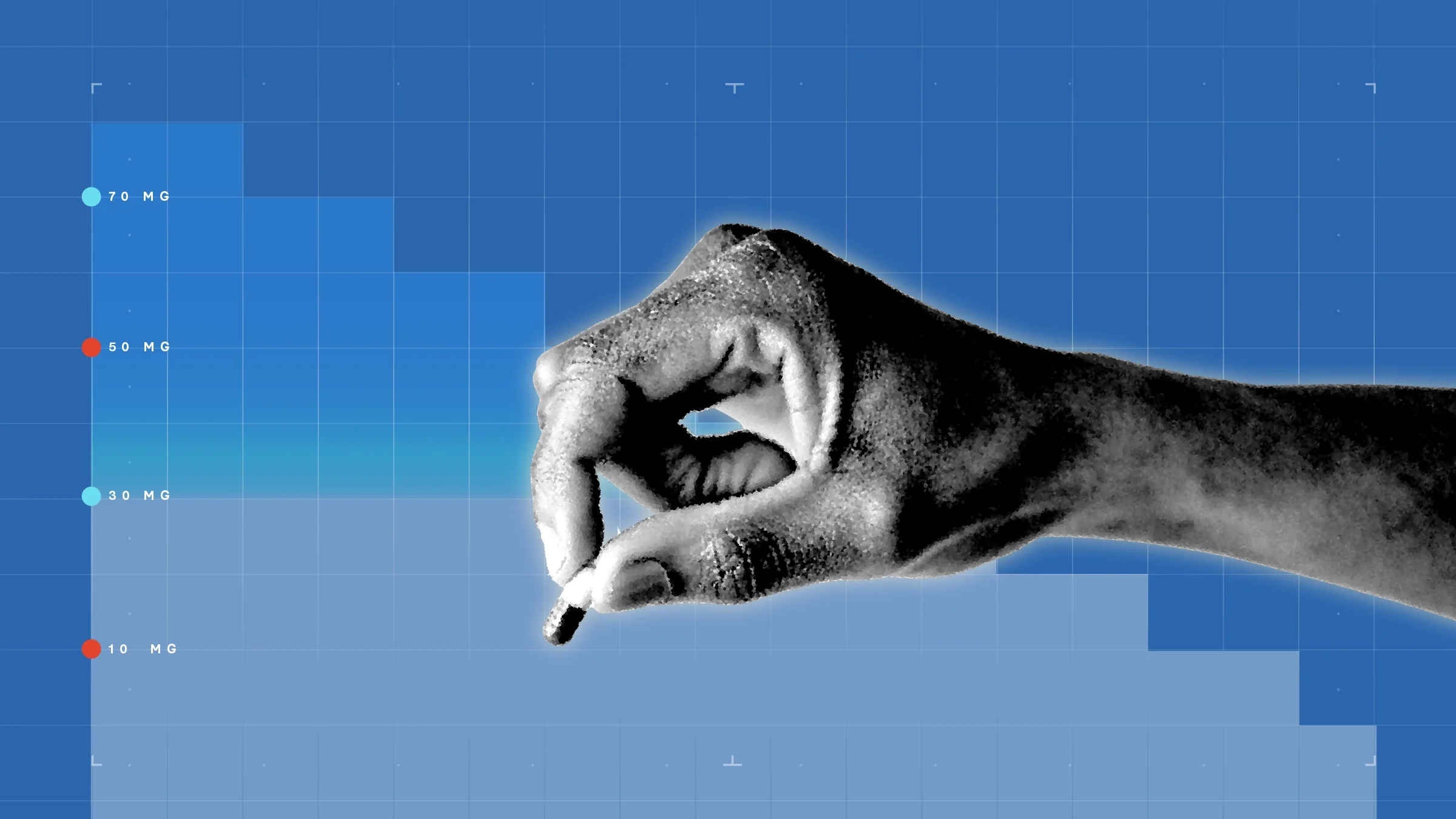 Blue background with graph paper texture and representational step graph. In the center is a black-and-white cutout of a hand holding a capsule pill in between its fingers.