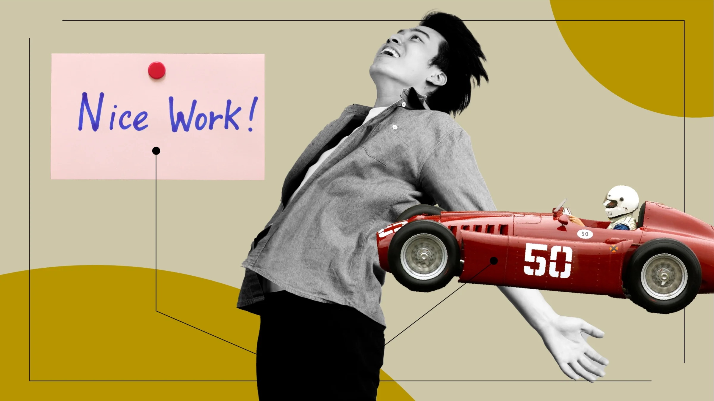 Custom graphic with a black-and-white photo of a man jumping in the center. Off of him are diagram lines pointing to items representing restless leg syndrome. On the left is a post-it saying “Nice Work!” On the right is a vintage race car. 
