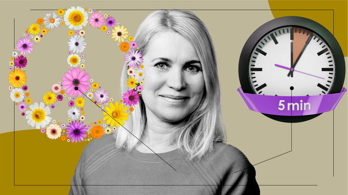 A graphic includes images of a woman and items that represent what insulin delivery pumps feel like: a peace sign of flowers and a clock with 5 minutes marked.
