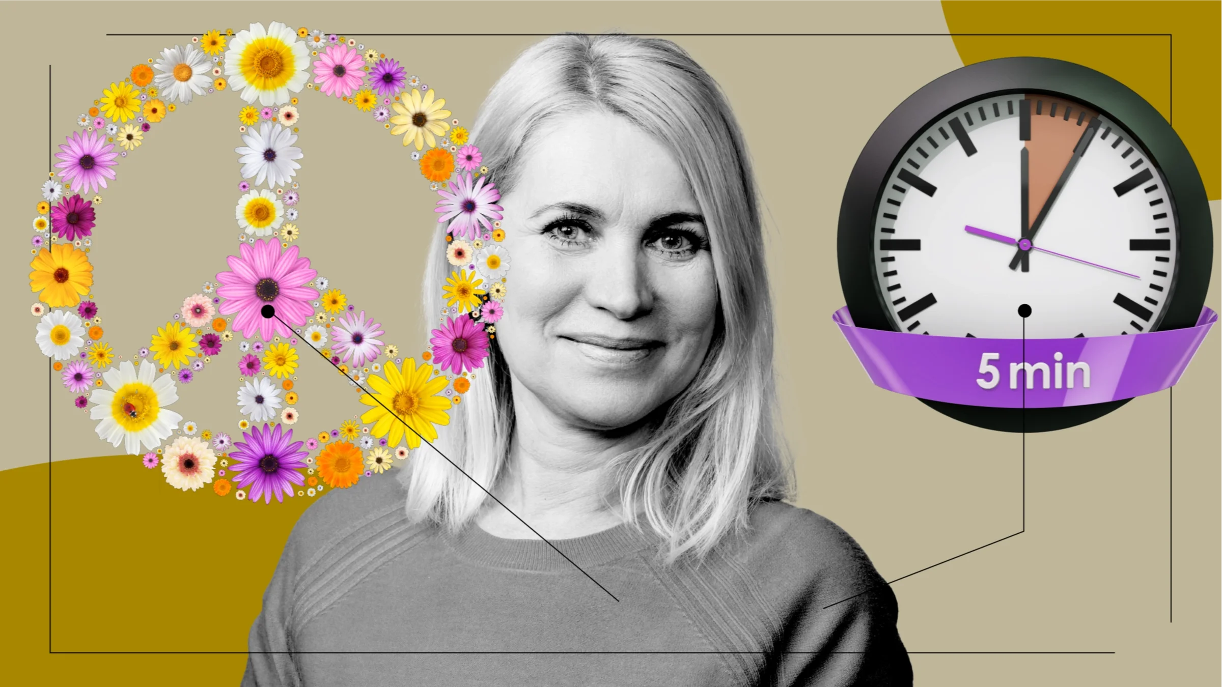 A graphic includes images of a woman and items that represent what insulin delivery pumps feel like: a peace sign of flowers and a clock with 5 minutes marked.