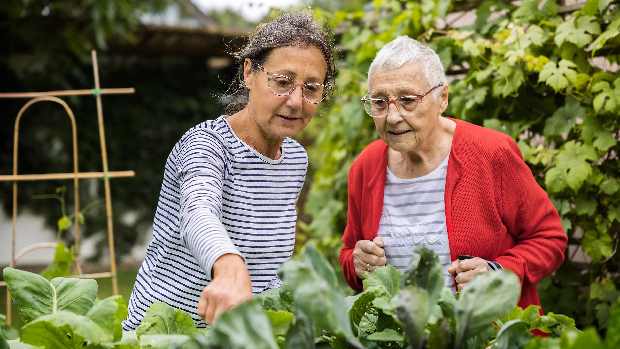 A senior woman explores a garden with a younger relative.