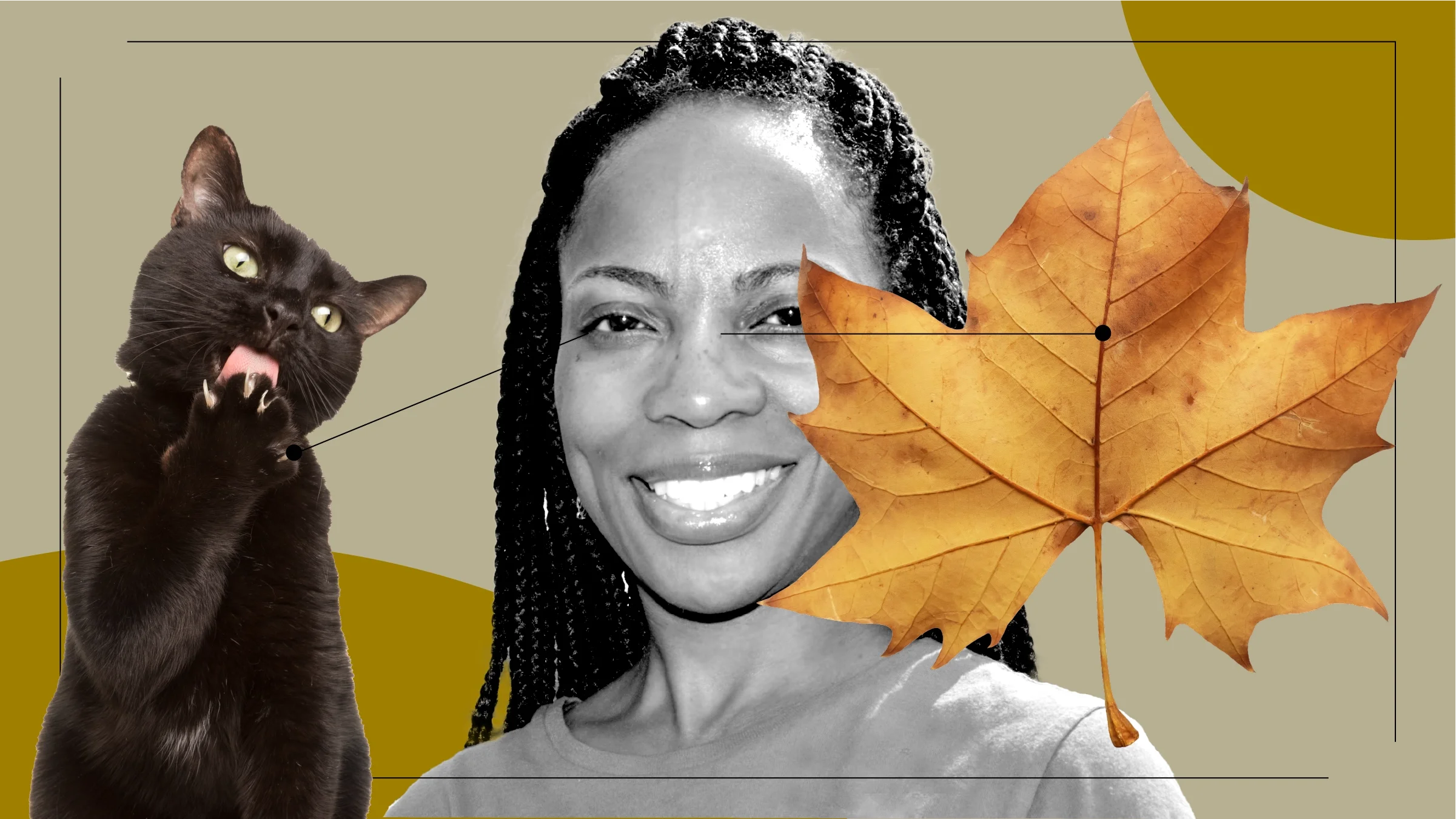 Tan background with a black-and-white portrait of a Black woman. On both sides of her are items representing allergy symptoms and Zyertec for allergies. On the left is a black cat with its claws out. On the right is a dry brown maple leaf.