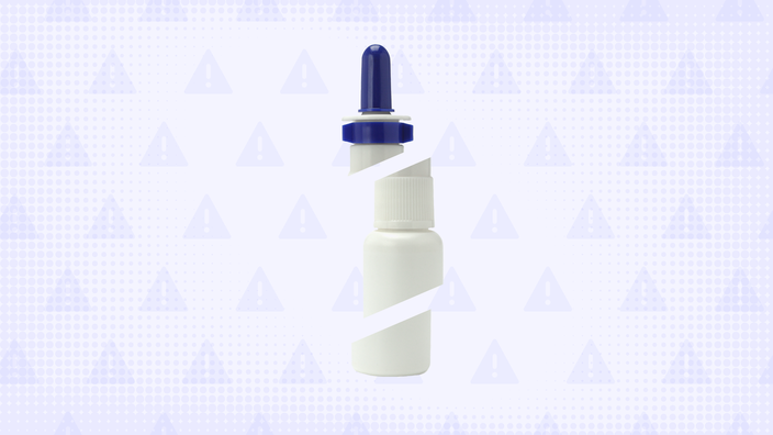A nasal spray bottle with a blue cap is in the center of a light blue-purple background with texture and a warning sign pattern.