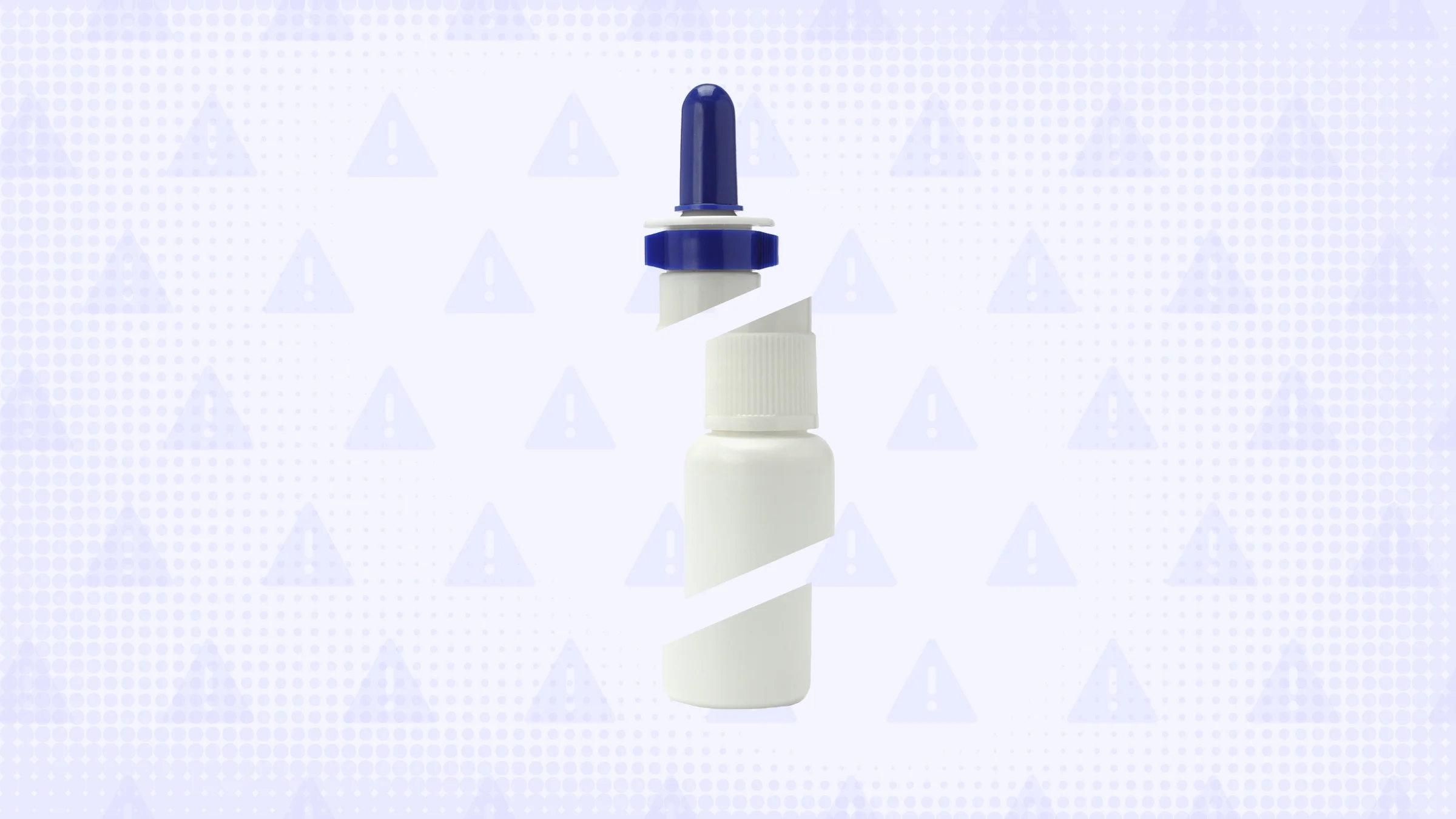 A nasal spray bottle with a blue cap is in the center of a light blue-purple background with texture and a warning sign pattern.