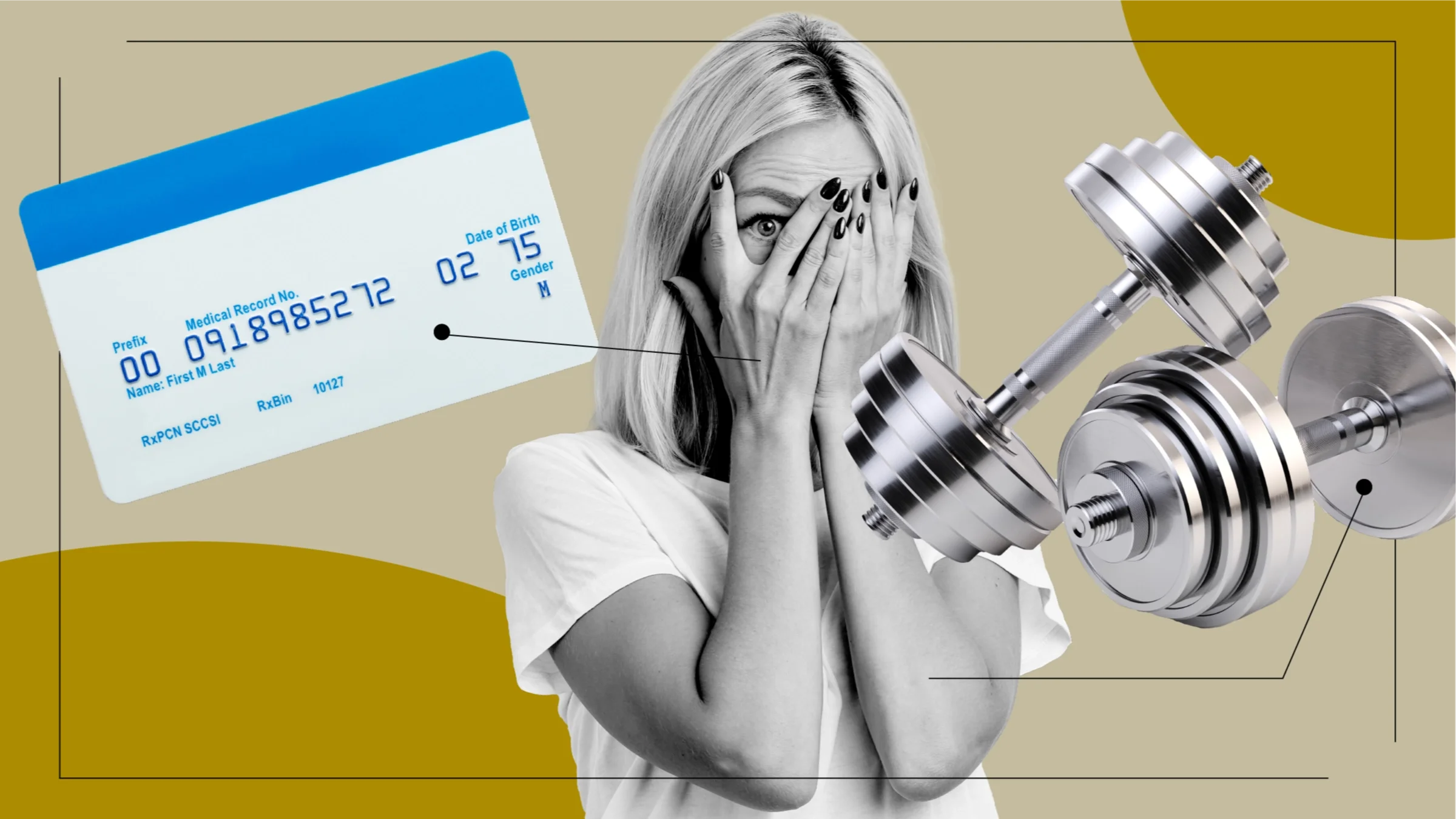 A custom graphic depicts how taking Humira feels with images of a woman covering her eyes, a health insurance card, and dumbbells.
