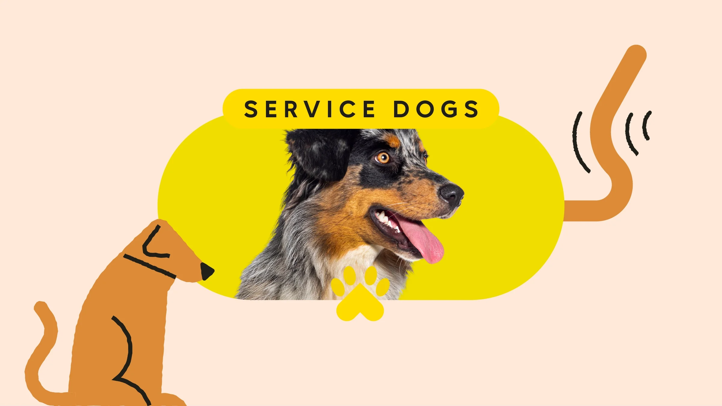 A graphic includes a photo of a dog with text reading “Services Dogs” above it and dog-themed doodles.