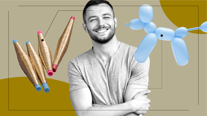 A graphic on getting stitches includes a photo of a man, a balloon animal, and spools of thread. 