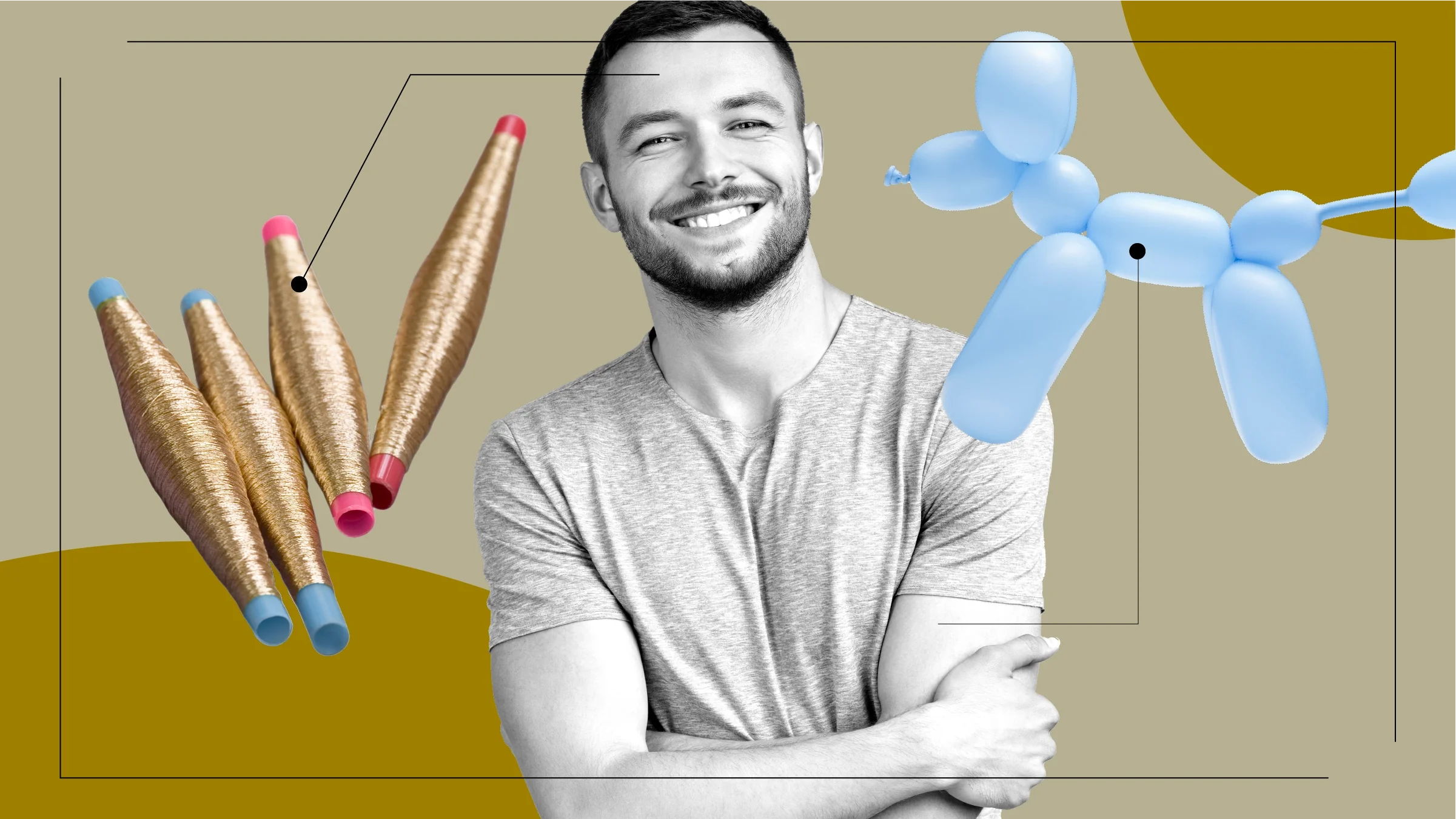 A graphic on getting stitches includes a photo of a man, a balloon animal, and spools of thread.