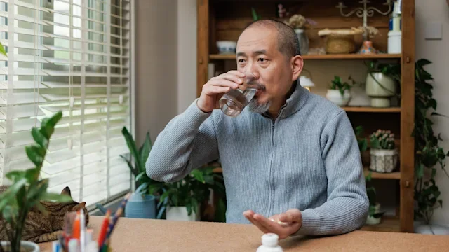 Medication Education: man taking oral medication 2270867034