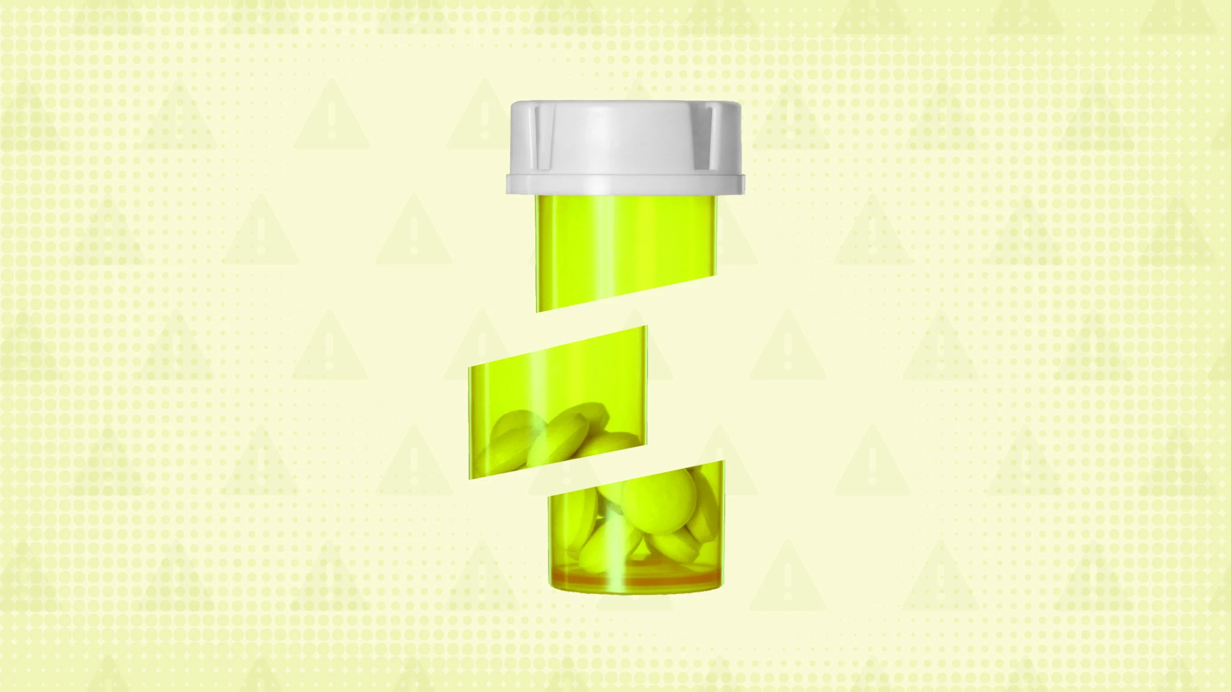 Light neon green background with halftone texture and warning sign pattern. In the center is a neon green pill bottle with pills cut up into three sections.
