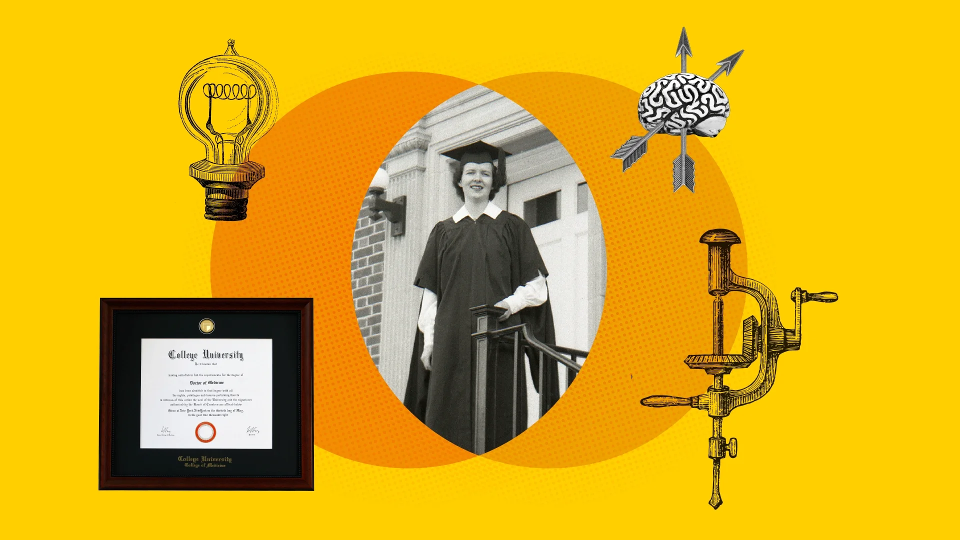 A custom graphic includes a photo of a woman at graduation surrounded by images of a diploma, light bulb, brain pierced by arrows, and vice grip. 