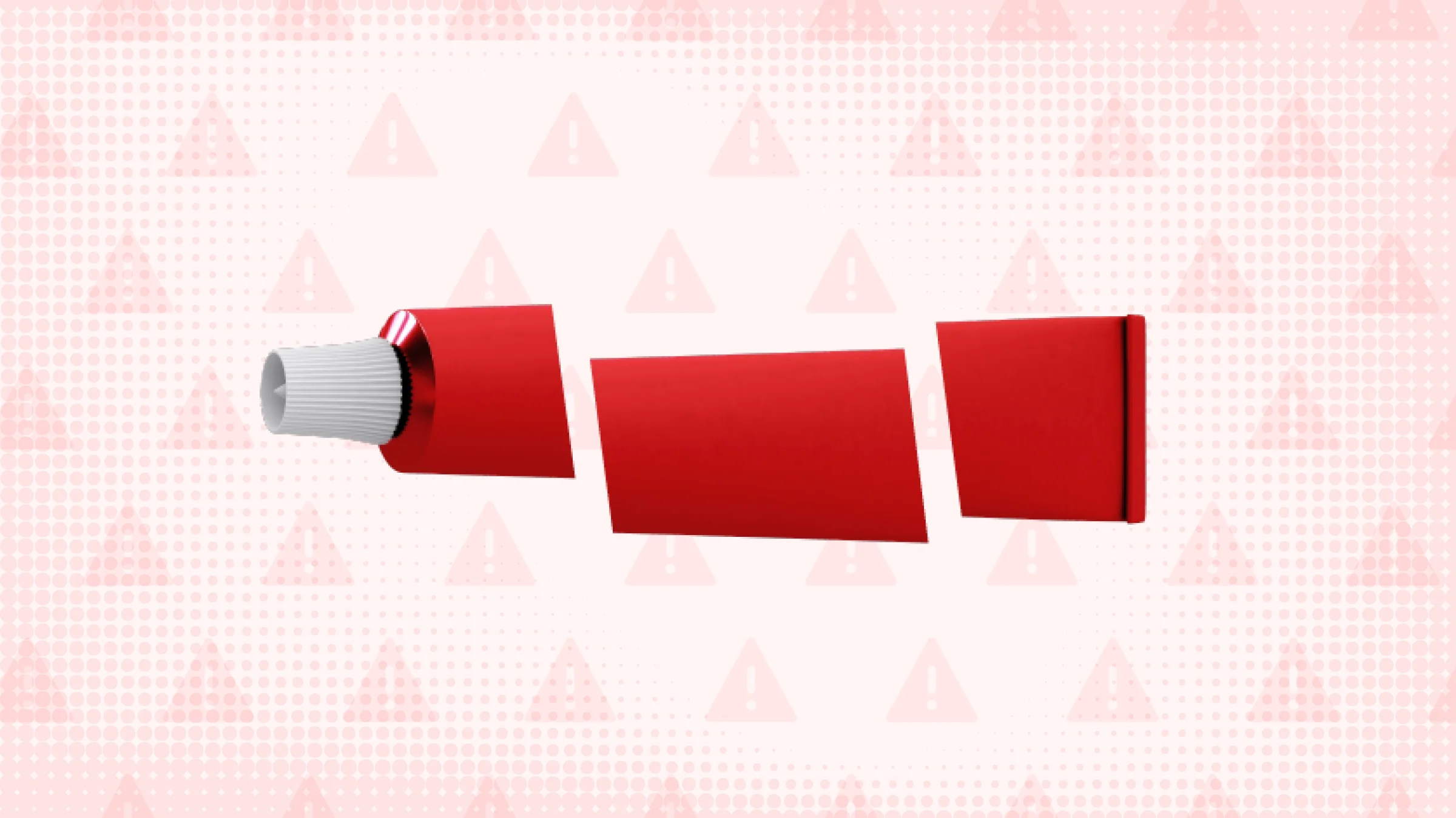 Light red background with halftone texture and warning sign pattern. In the center is a red medication tube cut into thirds.