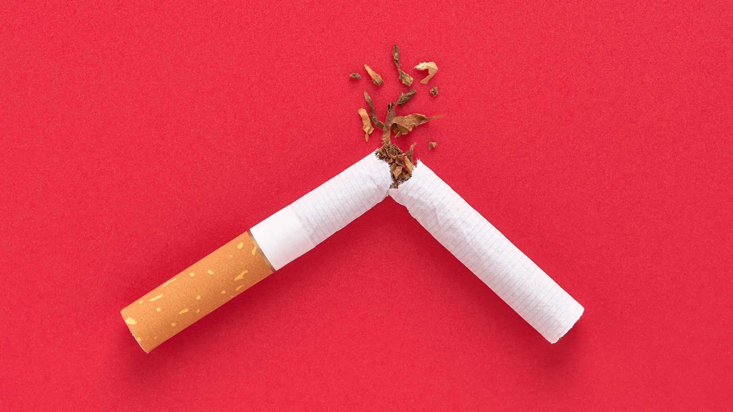 Broken cigarette on a red background.