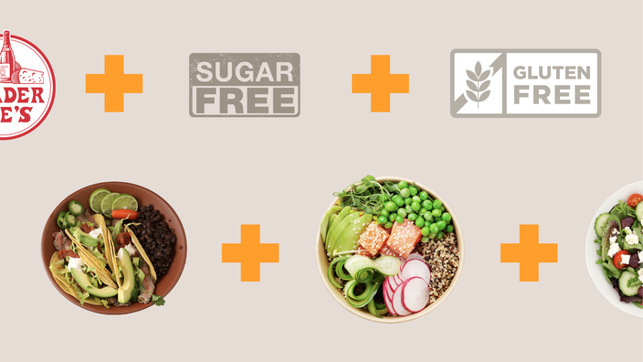 Custom graphic showing a lineup of different foods and types of diets that Mya eats for her Lyme disease condition. Top row, left to right: Trader Joe’s logo, sugar-free logo, gluten-free logo. Bottom, left to right: taco, quinoa, and salad bowls. 