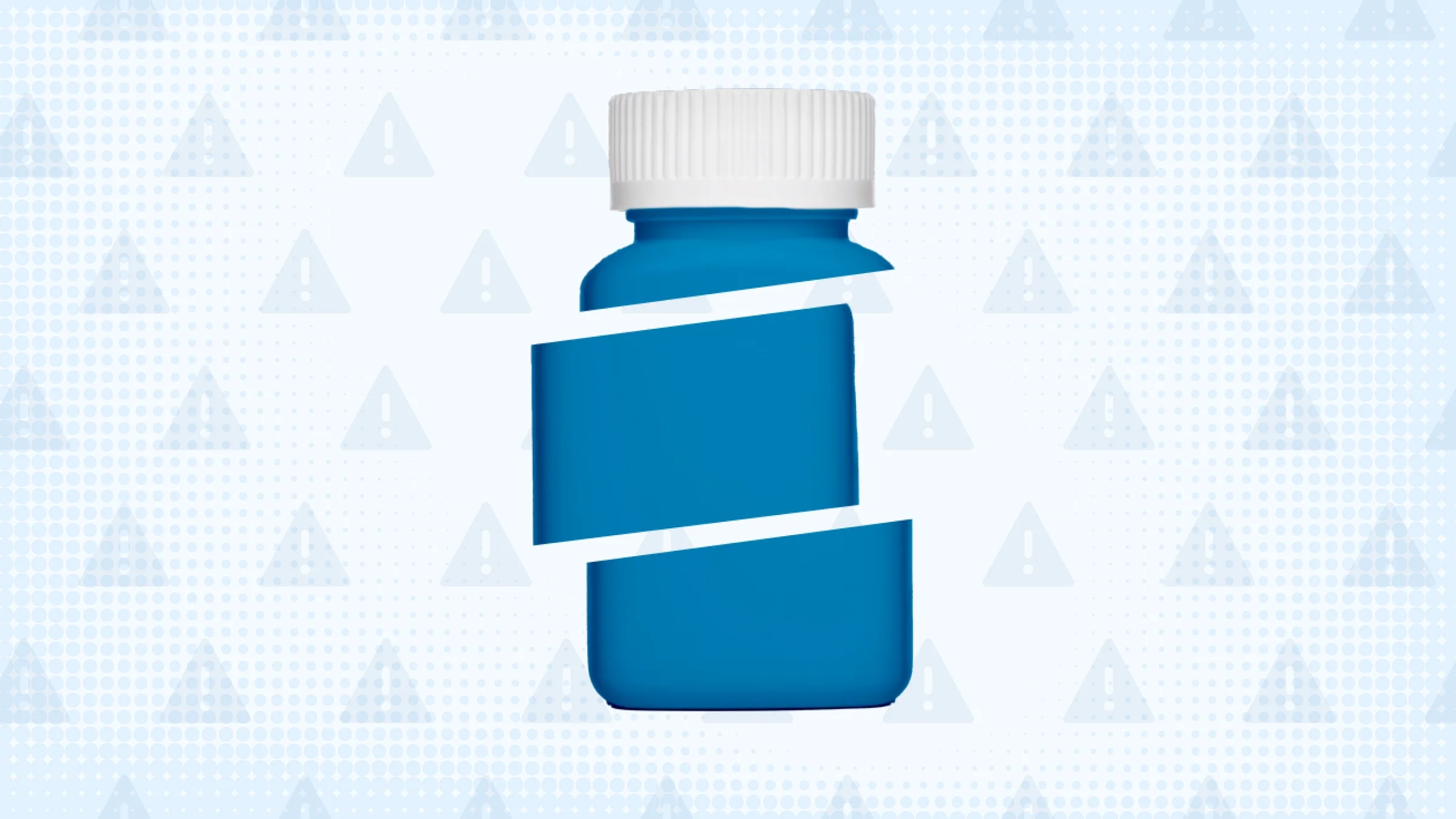 Blue background with halftone texture and warning sign pattern. A blue square prescription bottle is in the center cut into thirds.