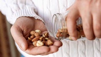 High cholesterol: closeup handful of hazelnuts and almonds 1289424840