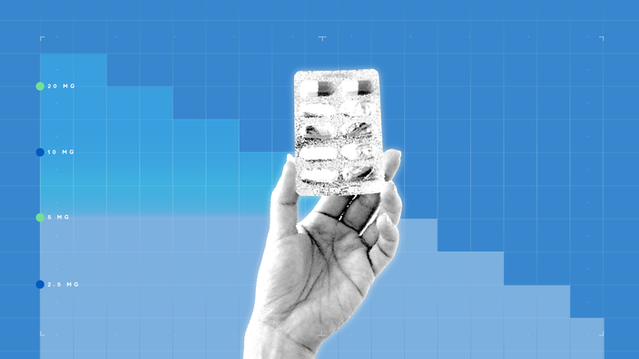 Light blue background with graph paper texture and representational step graph. In the center is a black-and-white cutout of a hand holding a blister pack of pills with some missing. 