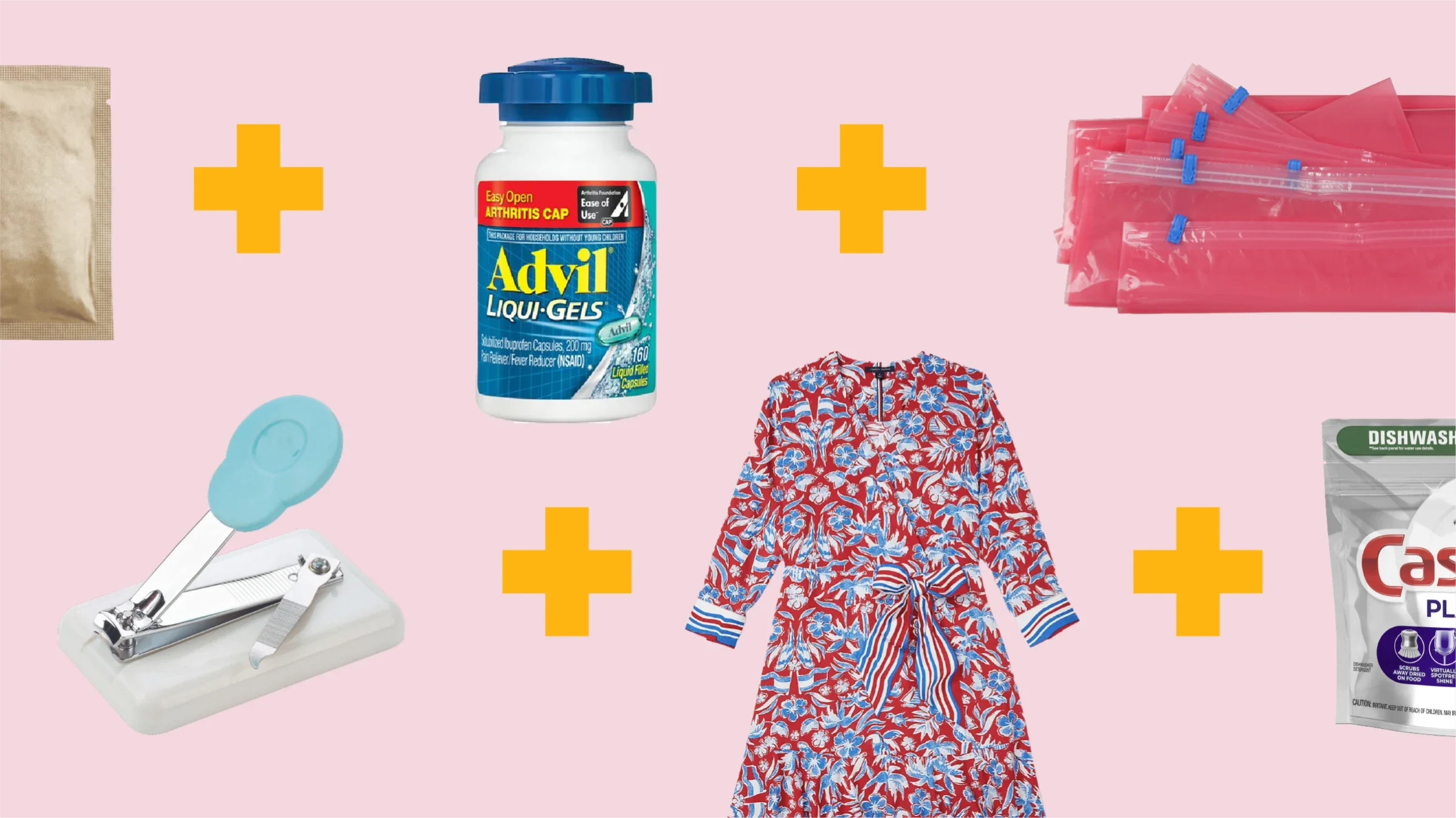 A graphic showing items that help with low dexterity has images of a bottle of Advil, nail clippers, and Ziplock bags.
GoodRx Health 
